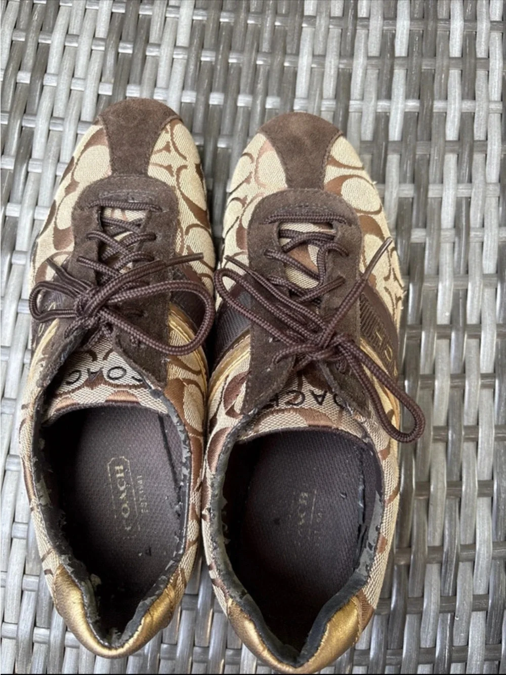 Coach Brown Signature Canvas Sneakers with Gold & Bronze Stripes - Women